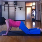 prenatal yoga modified chattarunga pose with knees on the floor almost 19 weeks pregnant
